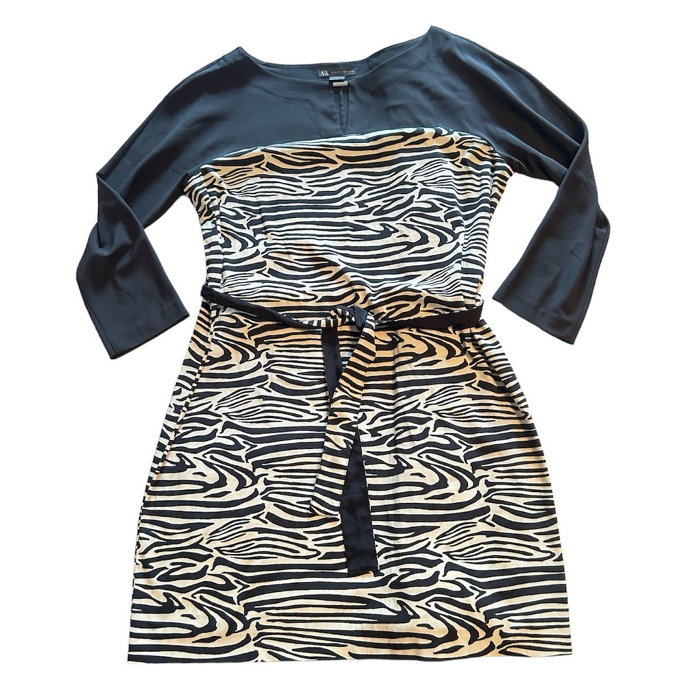 Armani Exchange Black Long Sleeve Animal Print Belted Slip Dress